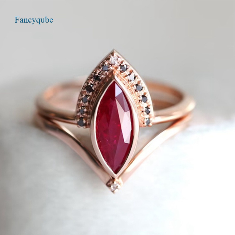 Fancyqube 2in1 Cincin Rose Gold 18k Hias Rubi Hitamberlian Imitasi Untuk Pertunanganpernikahanpengantin Wanita