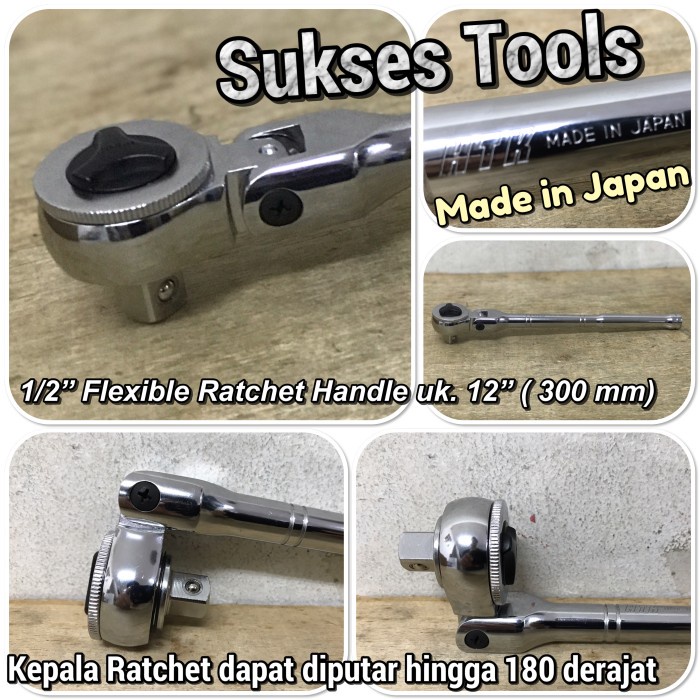 Gagang Sock Sok 1/2" Flexible Ratchet Rachet Handle made in Japan