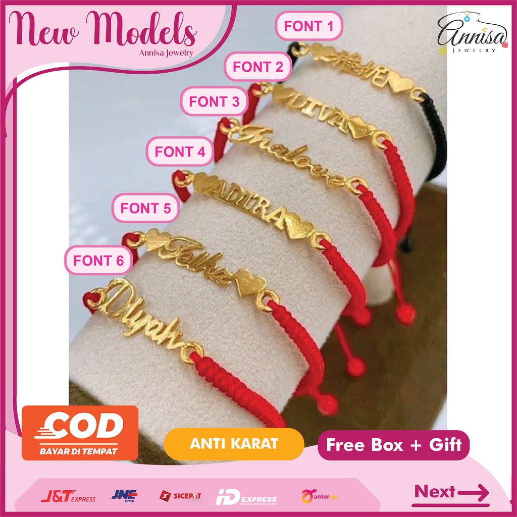 Gelang nama tali serut wanita Titanium Gold/ Silver