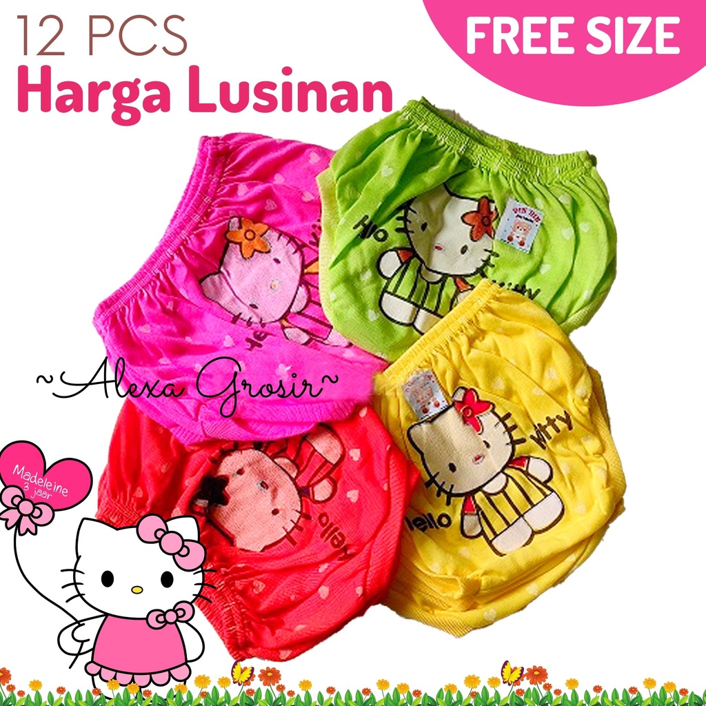 12 PCS CD Celana Dalam Anak Perempuan Cewek Celana Pop Kacamata Motif Hello Kitty Murah Lusinan COD READY