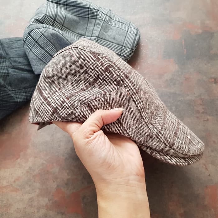 2A0Ggg Topi Copet/Flat Cap/Pet Pria Wanita Motif Kotak - Cokelat 212101Vsfs