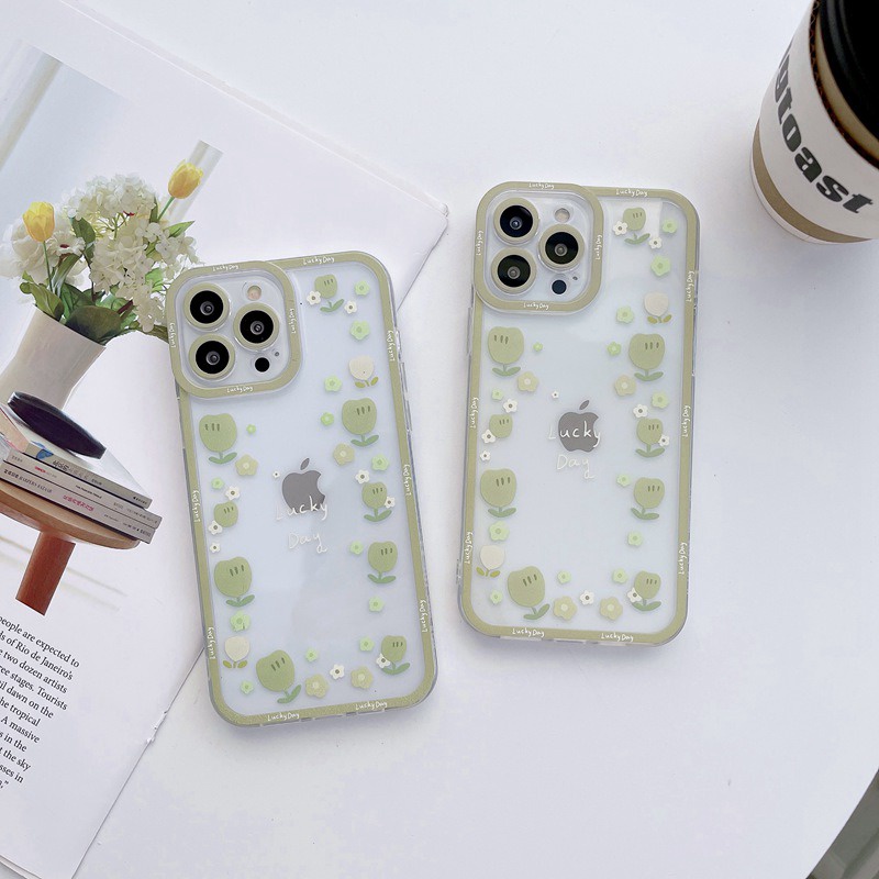 Green Little Flowers Soft Case iP iPhone 11 12 13 Pro Max 6 6S 7 8 + Plus X XR SE 2020 XS Max Casing