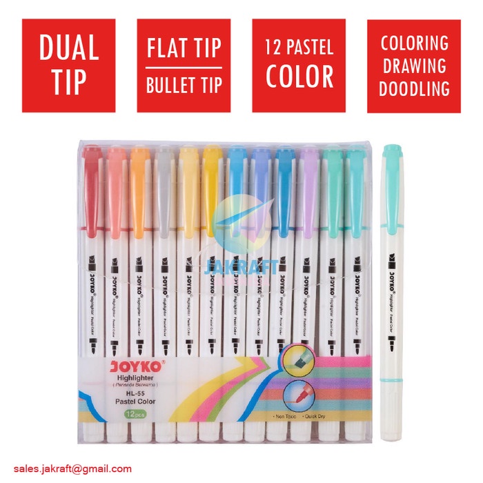 

CODES0X-58 Spidol Highlighter Marker Pastel 12 Warna 2 in 1 JOYKO HL-55 Dual Tip