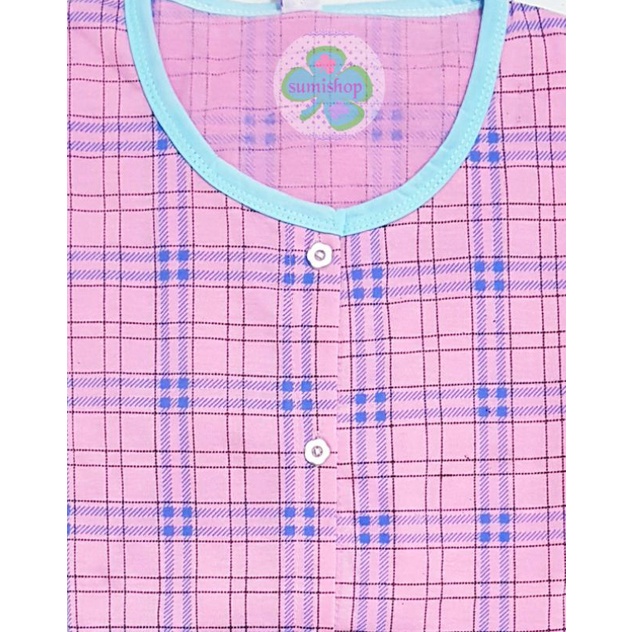 Piyama CP Kaos Dewasa (Kancing 5)-Kotak PINK