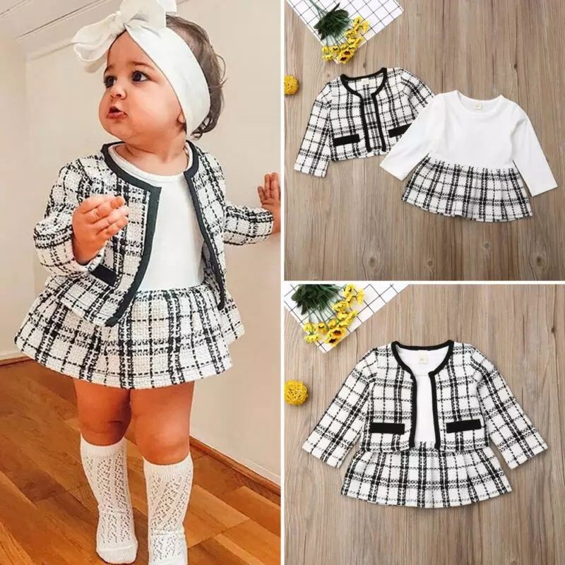 DISKON 11.11 DR61- 0-3T Dress Bayi Perempuan Square Black &amp; White Jaket