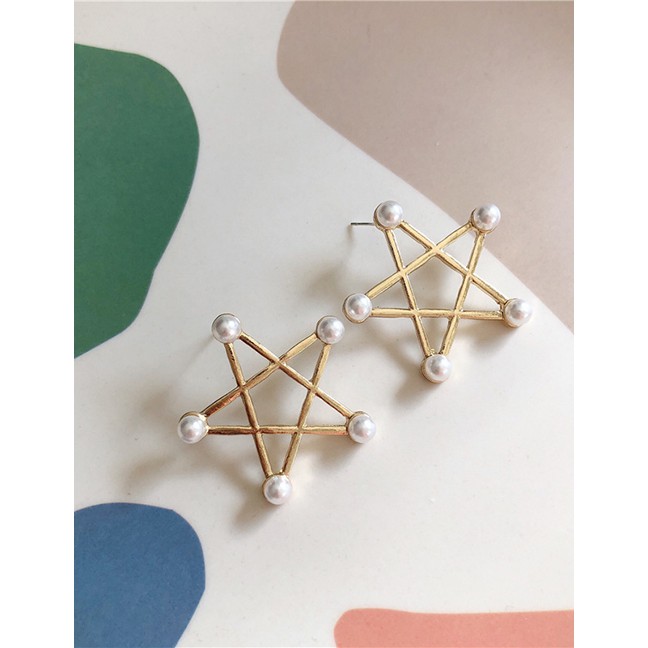 LRC Anting Tusuk Fashion Pentagram Sterling Silver Needle Five-pointed Star Pearl Stud Earrings D114