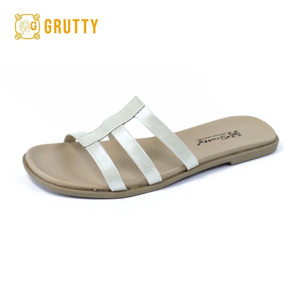 Grutty Flat Sandal Wanita Kulit asli slide sandal teplek Sandal Flat Merah Cream