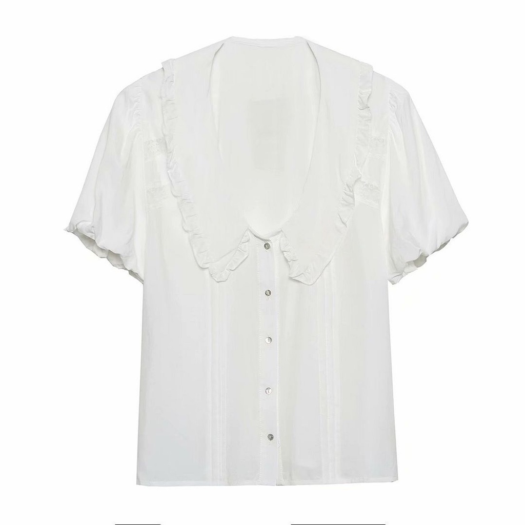 Blouse Wanita Polos Lengan Pendek Warna Putih Casual Blouse Vintage Korea White Ruffle Top
