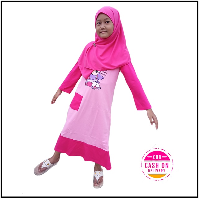 Set gamis hijab anak bahan kaos / Gamis plus kerudung / Gamis anak karakter muslim / Gamis syar'i