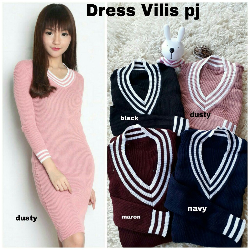 [Dress velis pj Varian Warna RO] Dress Wanita Rajut Stret Varian Warna