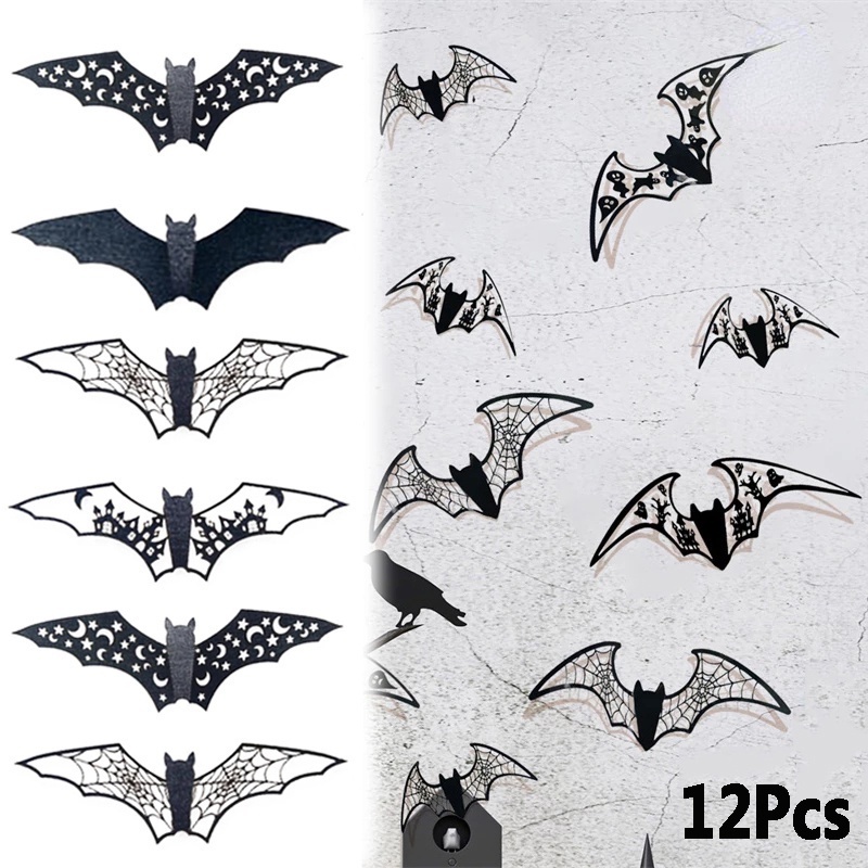 12 Pcs / Set Stiker Dinding 3D Model Kelelawar Hollow Warna Hitam Untuk Dekorasi Halloween