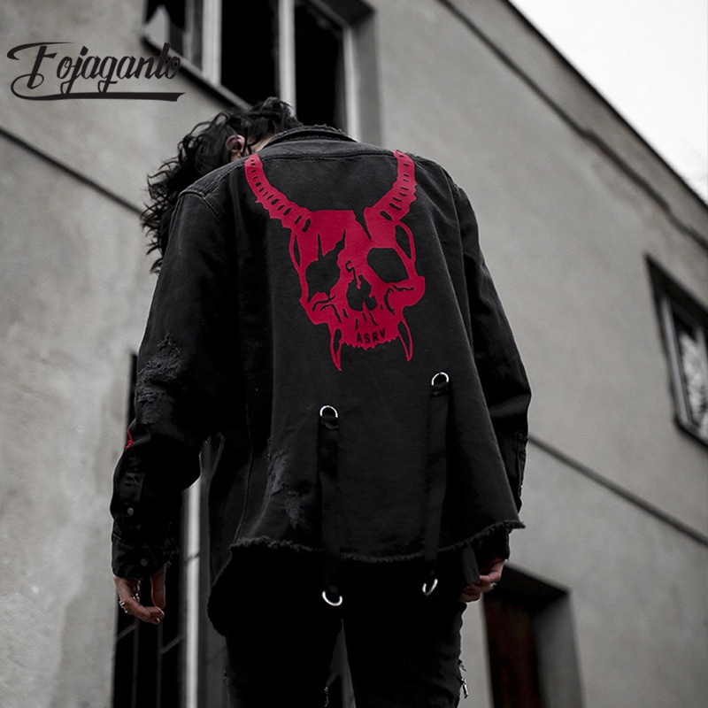 Jaket Streetwear Pria FOJAGANTO Men's Spring Autumn Hiphop Print Denim Jacket Men Fashion Stand-Coll