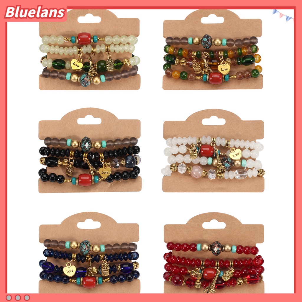 4pcs / Set Gelang Tali Elastis Liontin Burung Hantu Menara Eiffel Gaya Bohemia Untuk Wanita