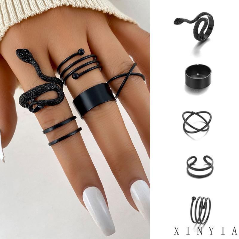 【COD】5 Pcs Cincin Model Terbuka Desain Ular Geometris Warna Hitam Untuk Wanita