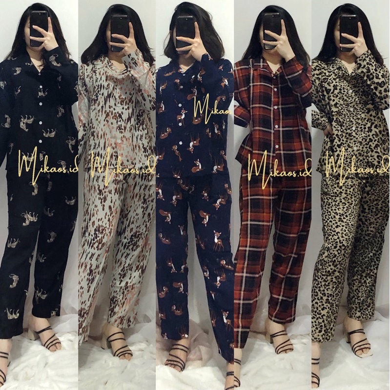 Mikaos Piyama Rayon Set Panjang Premium | Baju Tidur Rayon Set | Piyama Oneset | Oneset Piyama