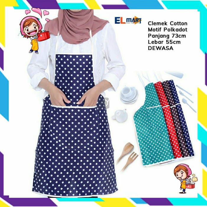 Elmart Apron Celemek Masak Kain Cotton Katun Polkadot Dewasa Panjang