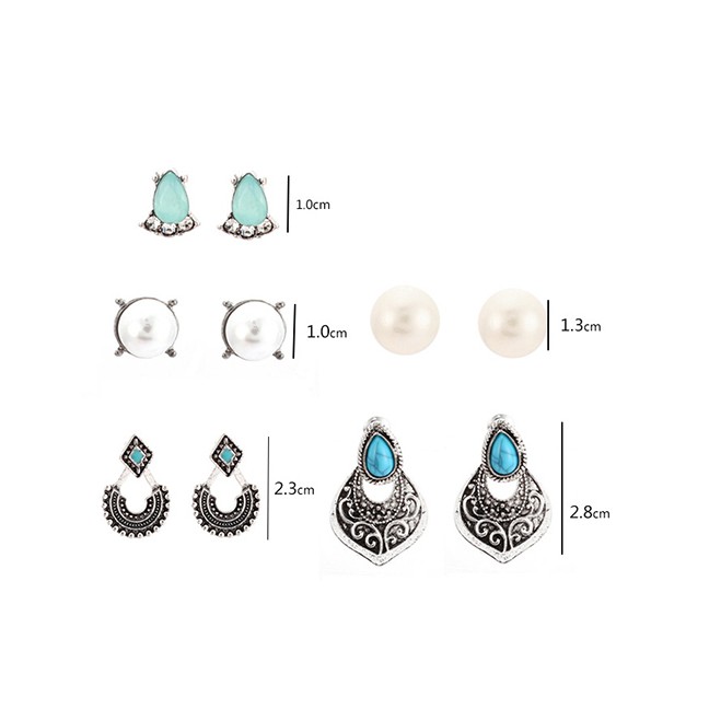 LRC Anting Set Fashion Silver Diamond-studded Pearl Geometric Alloy Drop Stone Earrings 5 pairs F781