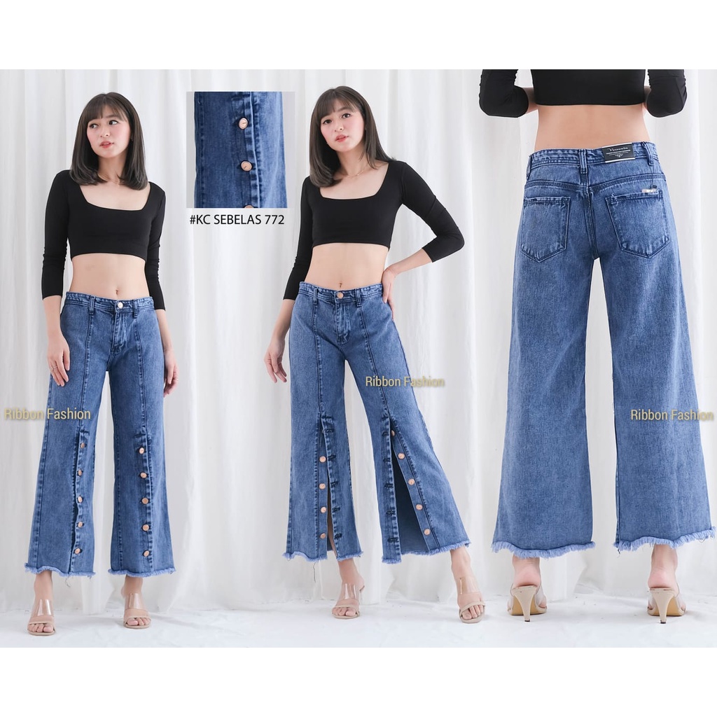 Ribbon Fashion - RF CELANA JEANS KULOT PANJANG BELAH DEPAN KANCING LIMA RAWIS WARNA SNOW WANITA / KU