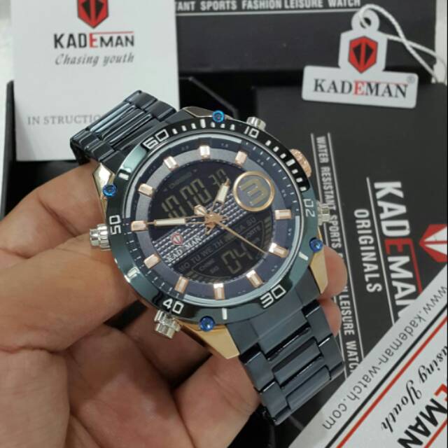 Jam tangan cowok Kademan K9041G dual time original tahan air