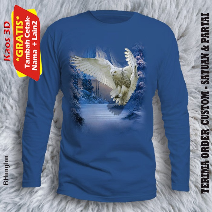 Kaos 3D Gambar Burung Hantu lengan panjang ukuran dewasa pria dan wanita