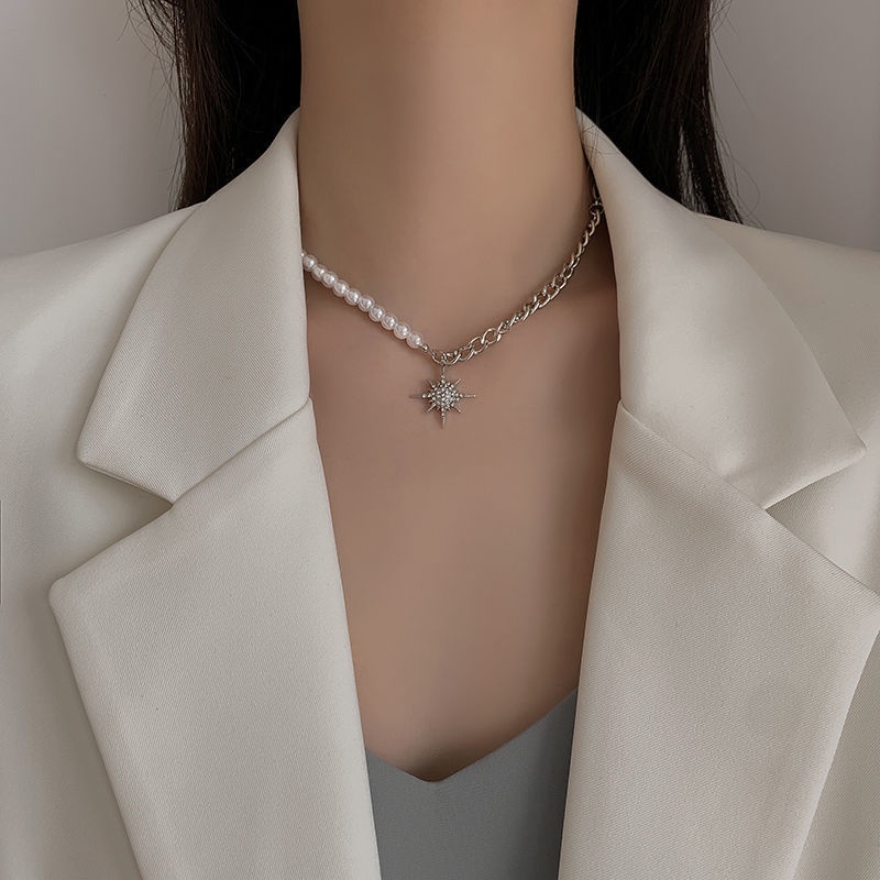 Niche desain kalung mutiara jahitan rantai zircon kalung wanita temperamen Millennium gaya asterism