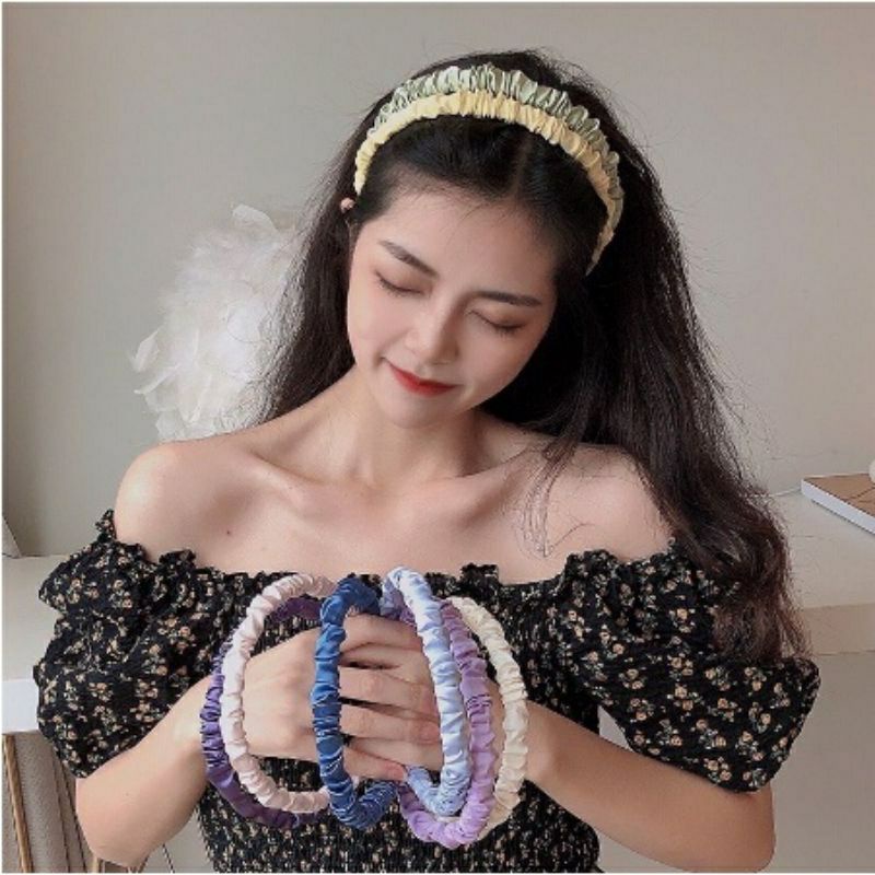 Bando Korea Scrunchie Kerut Headband Satin Bandana Rambut Kain Polos Wanita Aksesoris Rambut Pita Ko