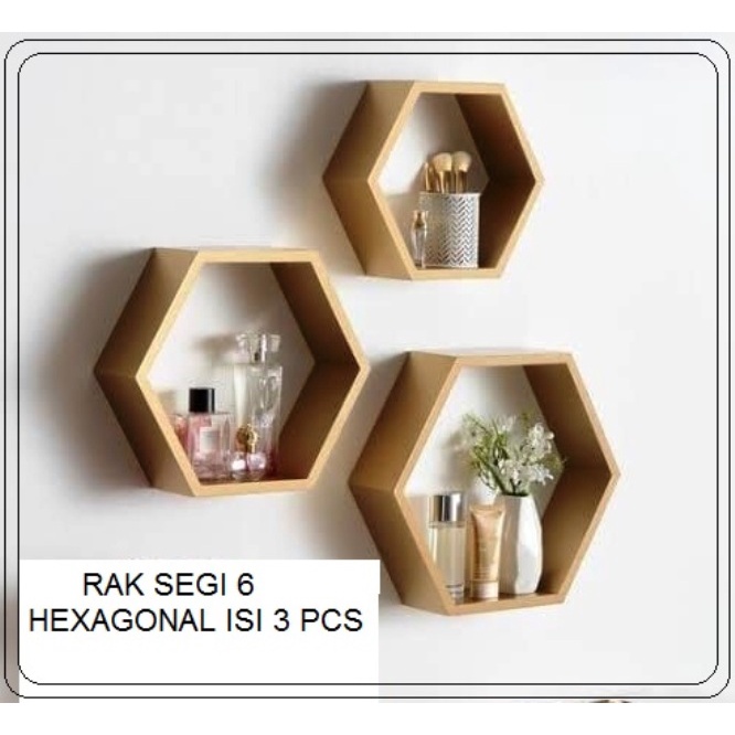 3 pcs Rak kayu hexagonal segi 6 nempel dinding