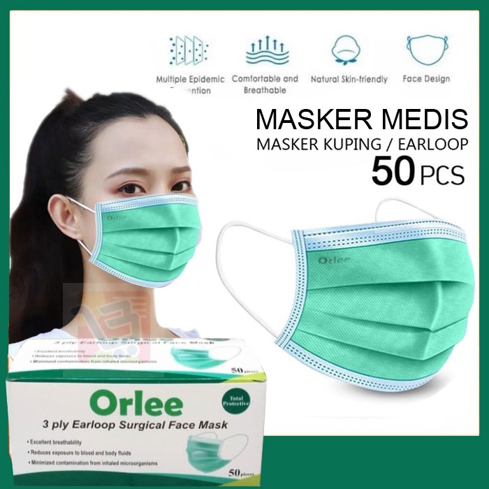 Masker 3ply 3 ply Orlee Hijau Green Medis Earloop Kemenkes BFE 95% MEDICAL