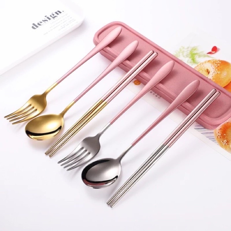 SEN-SENDOK MAKAN GARPU SUMPIT PORTABLE STAINLESS SET 4IN1 ALAT MAKAN SET KOREA