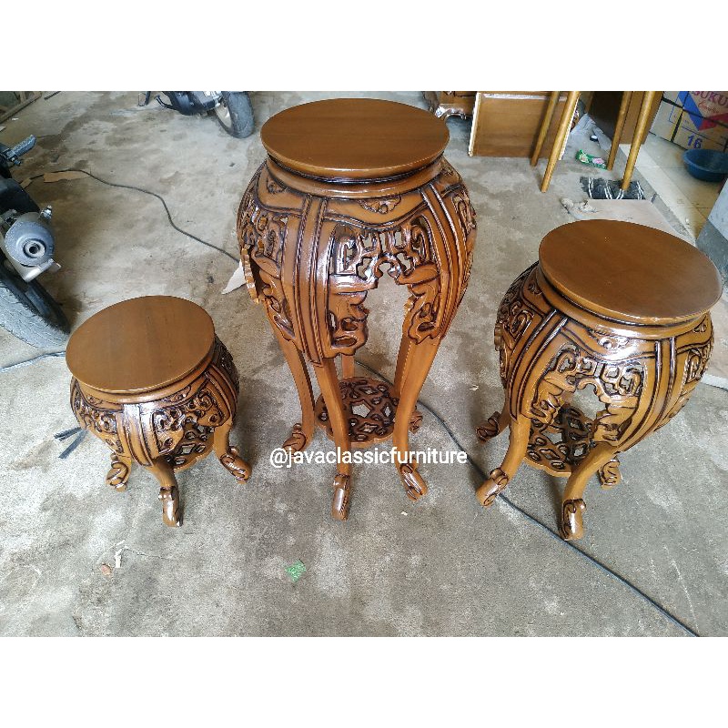 1 SET POT CUMI ISI 3PCS NAKAS CINA KECIL UKIR MEJA TEMPAT AQUA DEKORASI PAJANGAN RUANGAN FINISHING NATURAL BAHAN KAYU JATI FURNITURE JEPARA-2