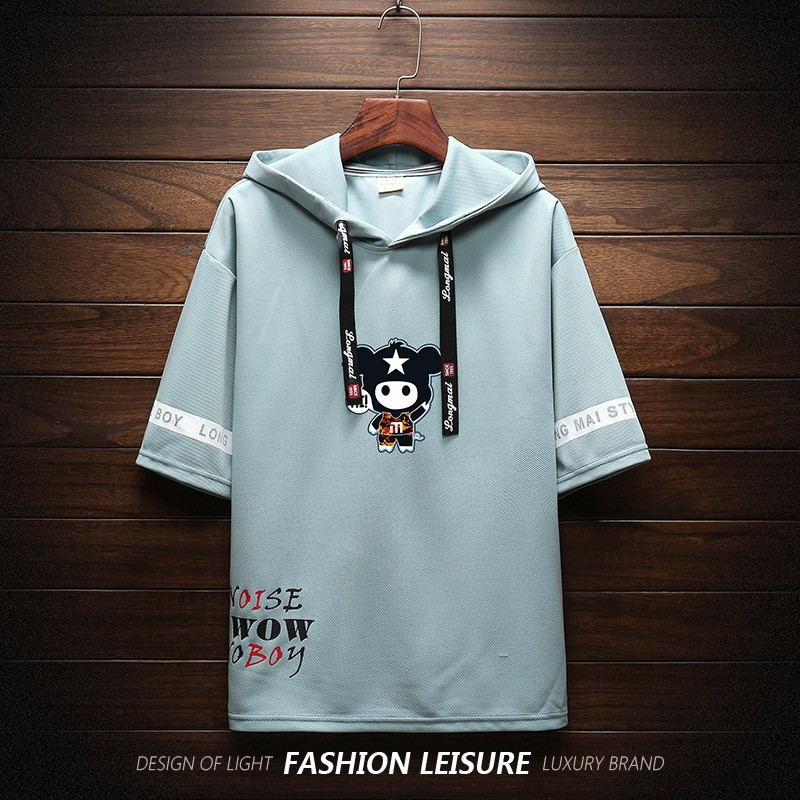 Kaos Hoodie Lengan Pendek Aneka Warna Motif Bordir Kartun dan Tulisan untuk Pria