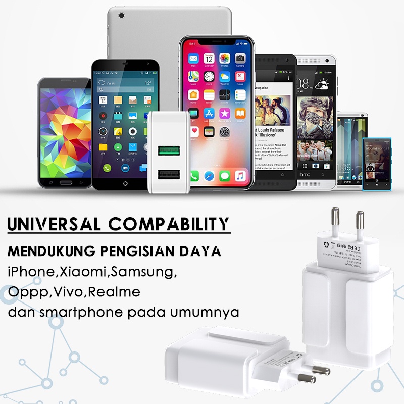 【Murah+COD】CORN QE012 2.4A Dual USB Charger Travel Adaptor Kabel 3A untuk Samsung Iphone vivo