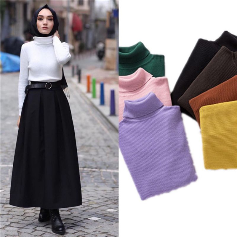 Atasan lengan panjang rajut turtleneck wanita