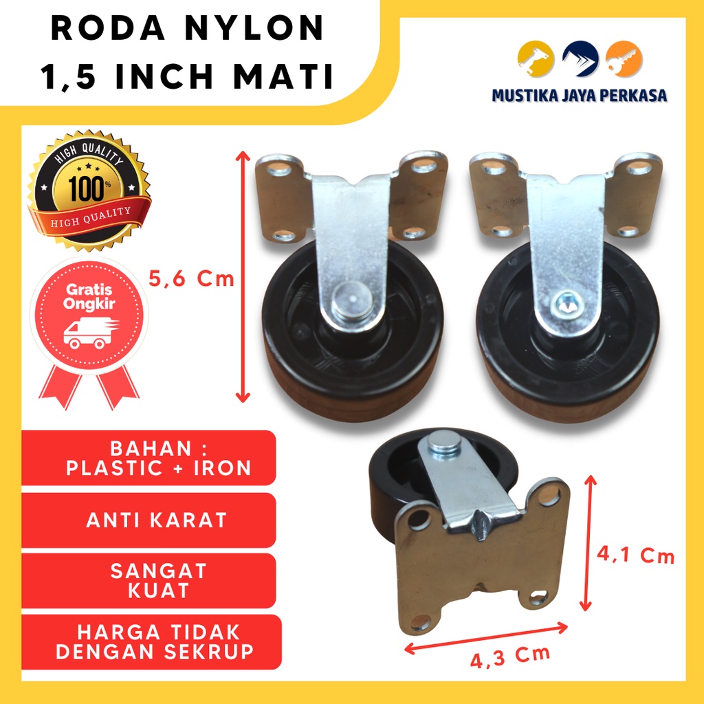 Roda Troli Nylon 1.5 Inch Trolley Nilon Hitam Kuat Besi Stainless Mati