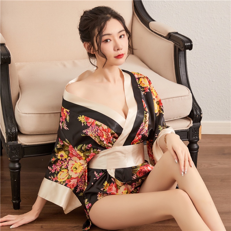 Erotis lingerie wanita ukuran plus cetak kimono Jepang renda-up piyama seksi saueration rayuan hot passion suit seragam