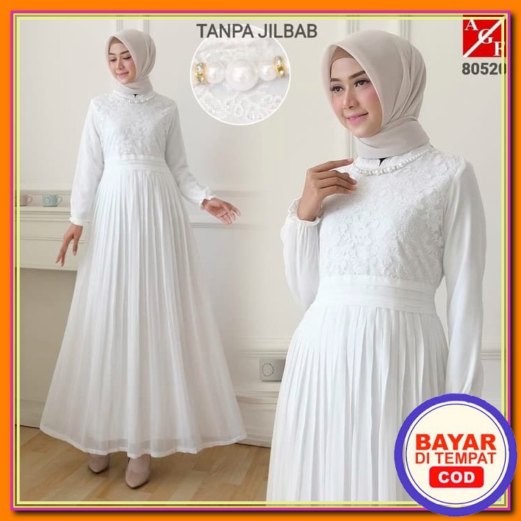 Baju Gamis Dresslim Rabbani Lebaran Terbaru Model Dress Muslim Mo ZZ730 Agnes Brukat Putih Muslim #
