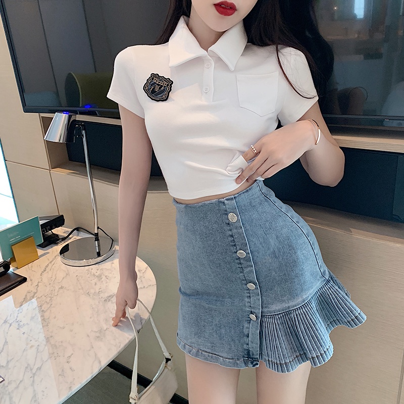 Setelan busana wanita dua potong musim panas temperamen baru kasual gaya barat top musim panas t-shirt rok pendek rok denim