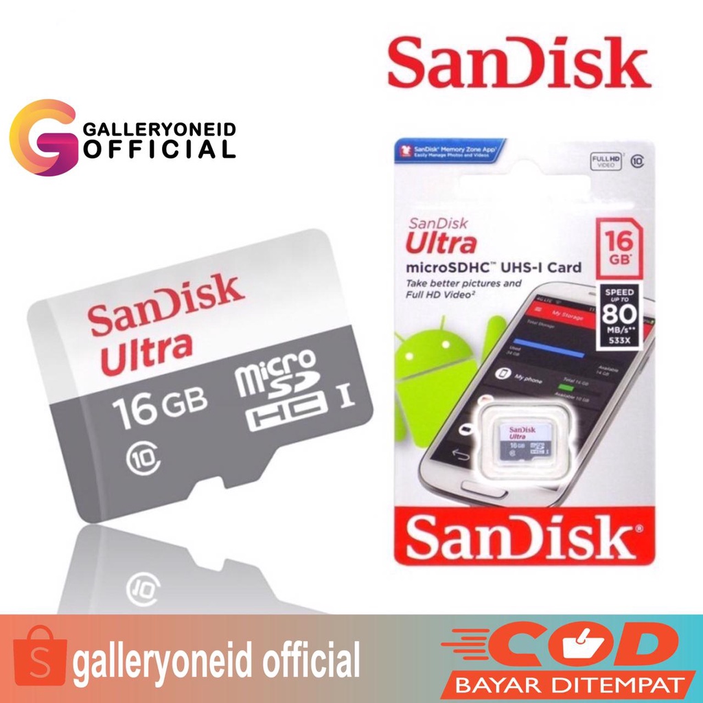 Sandisk Ultra Micro SD 16 32 64 128 GB Kartu Memory Class 10 Aksesoris Handphone Hp GALLERYONE gallery one