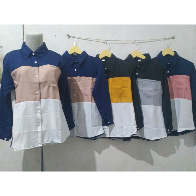 Kemeja Wanita Polos Casual Blouse basic Kombinasi Warna Lengan Panjang Kekinian  Moscrepe 3 warna-Coklat muda