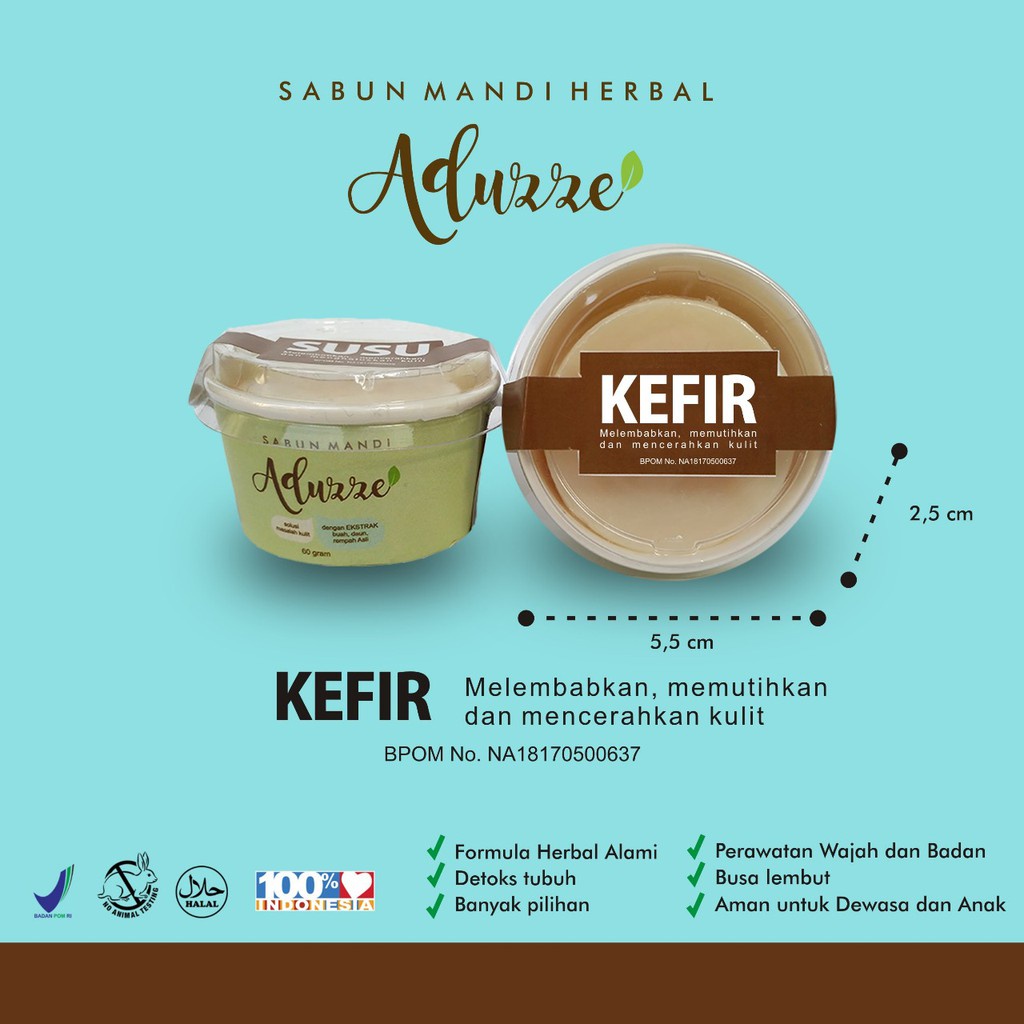 Sabun Herbal KEFIR Aduzze Melembabkan Memutihkan Mencerahkan Kulit Wajah dan Tubuh - Original isi 50 Gram