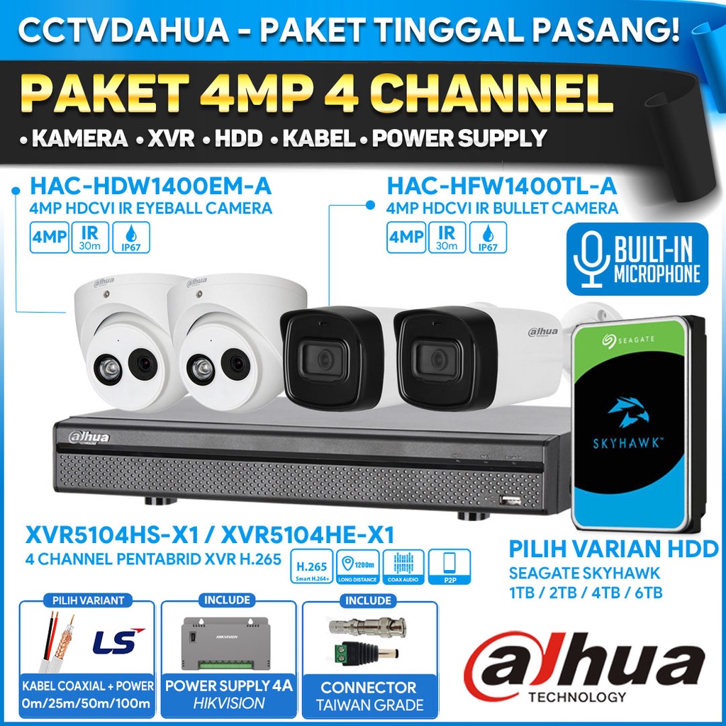 PAKET CCTV DAHUA 4 CHANNEL 4MP AUDIO / 4 KAMERA 4MP DAHUA SIAP PASANG