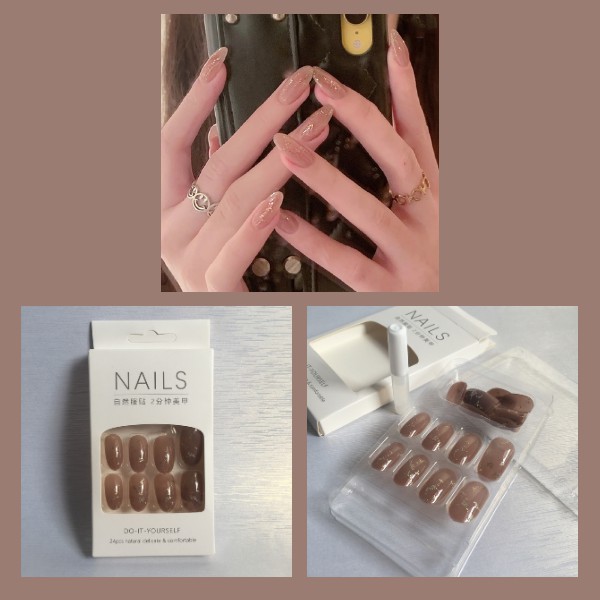 glitter nude fake nails / Kuku Palsu Wanita