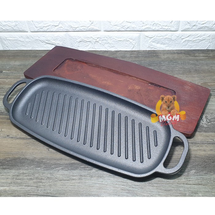 Hotplate Segi Panjang 40cm dgn alas Kayu Iron cast serving plate grill