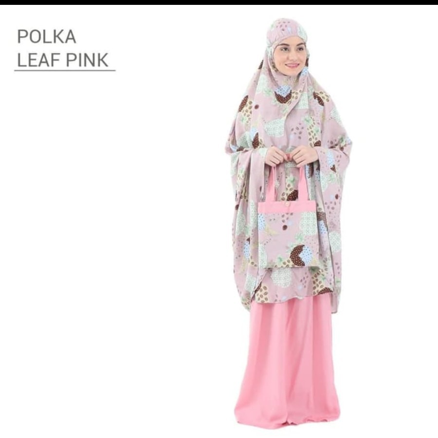 Mukena Tazbiya motif polka leaf pink