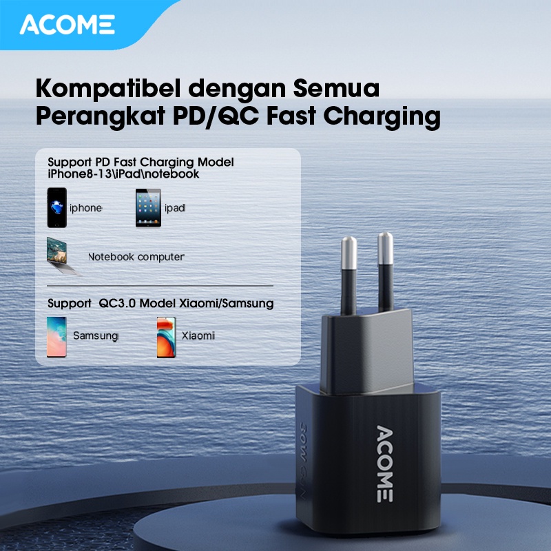 ACOME Charger GaN 30W Fast Charging PD/QC 3.0 Support Laptop/iPad Garansi Resmi 1 Thn - ACG30 Nano