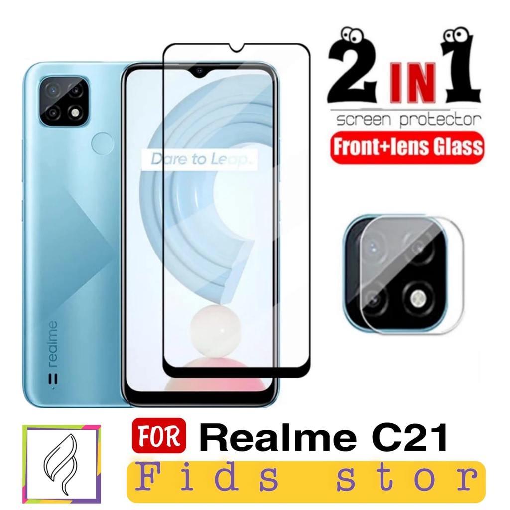 PROMO 2in1 Tempered Glass REALME C21 Full Layar Cover Black Premium Free Tempered Glass Camera