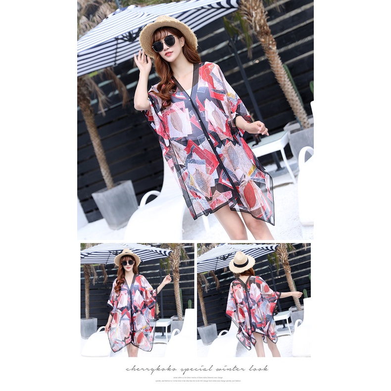 outer cardigan Baru kasual dicetak sifon selendang mutiara tombol all-match cardigan multifungsi pantai pakaian pelindung matahari Outer Scarf  Chiffon  sunscreen  Pantai Bahan  Syal Sutra Shawl Wanita Silk Sarong Sarung Kain Printing