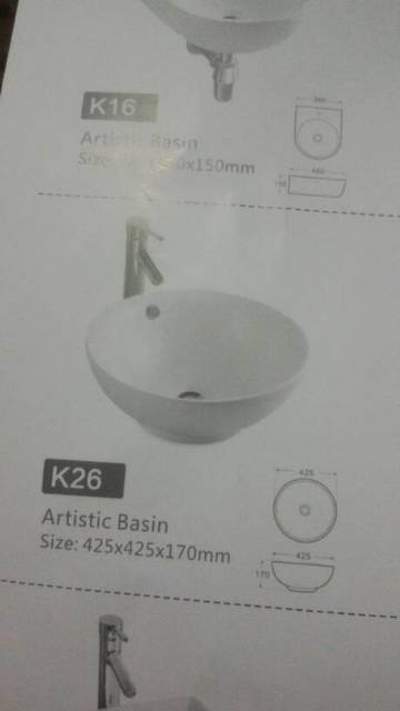 Wastafel cuci tangan keramik bulat mangkok komplit alat+kaca cermin