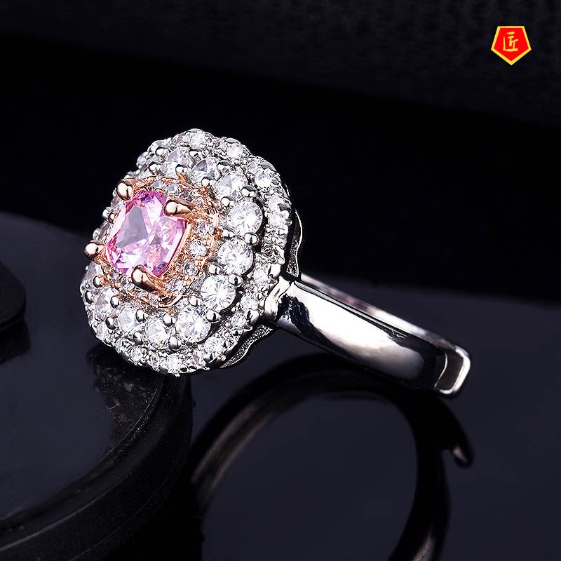[Ready Stock]New Full Diamond Inlaid Pink Crystal Two-Tone Ring Luxury
