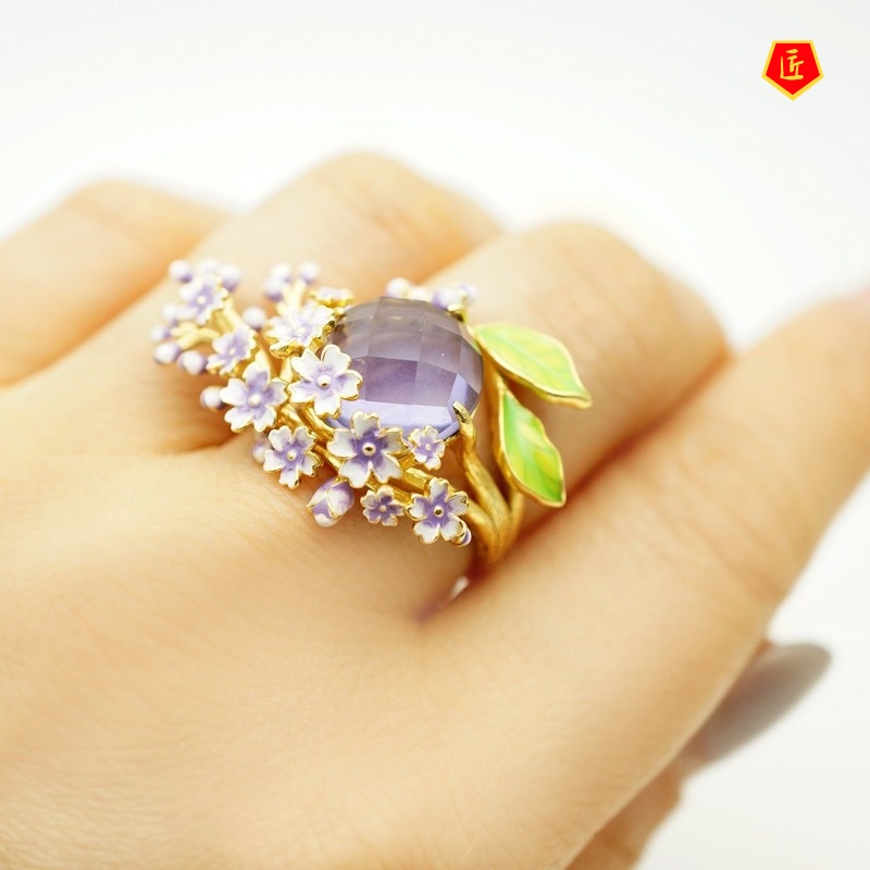 [Ready Stock]Diamond Pink Flower 18K Gold Ring Amethyst Noble Elegant Graceful